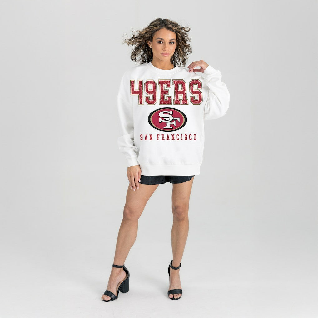 San Francisco 49ers Gameday Couture Women's Sunday Drives Oversized Crewneck Pullover Sweatshirt – White for sale