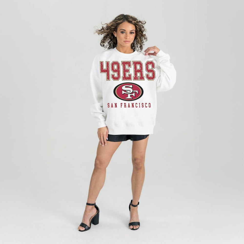 San Francisco 49ers Gameday Couture Women's Sunday Drives Oversized Crewneck Pullover Sweatshirt – White for sale