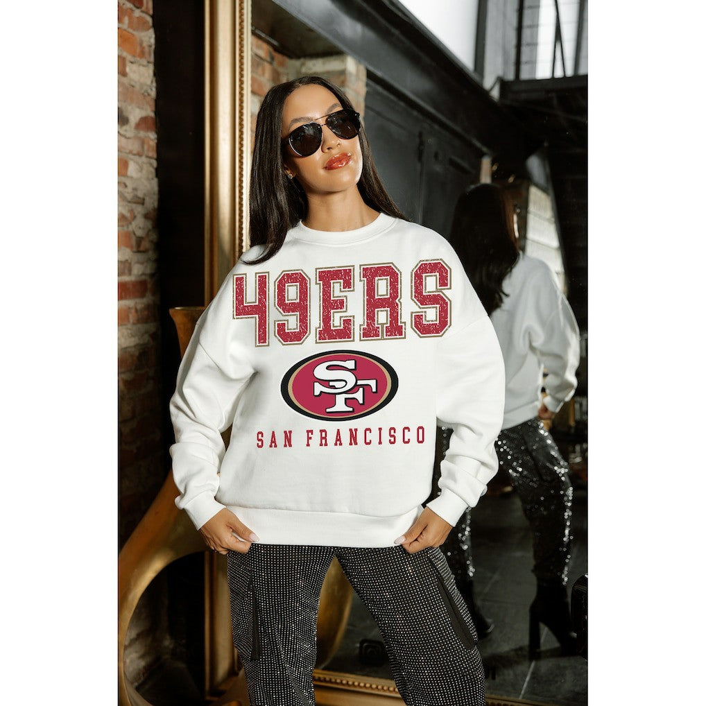 San Francisco 49ers Gameday Couture Women's Sunday Drives Oversized Crewneck Pullover Sweatshirt – White for sale
