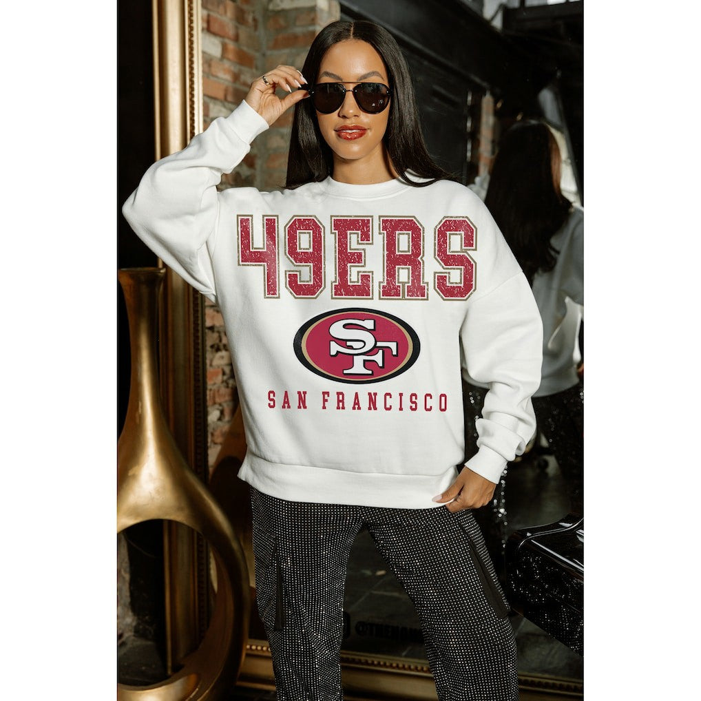 San Francisco 49ers Gameday Couture Women's Sunday Drives Oversized Crewneck Pullover Sweatshirt – White for sale