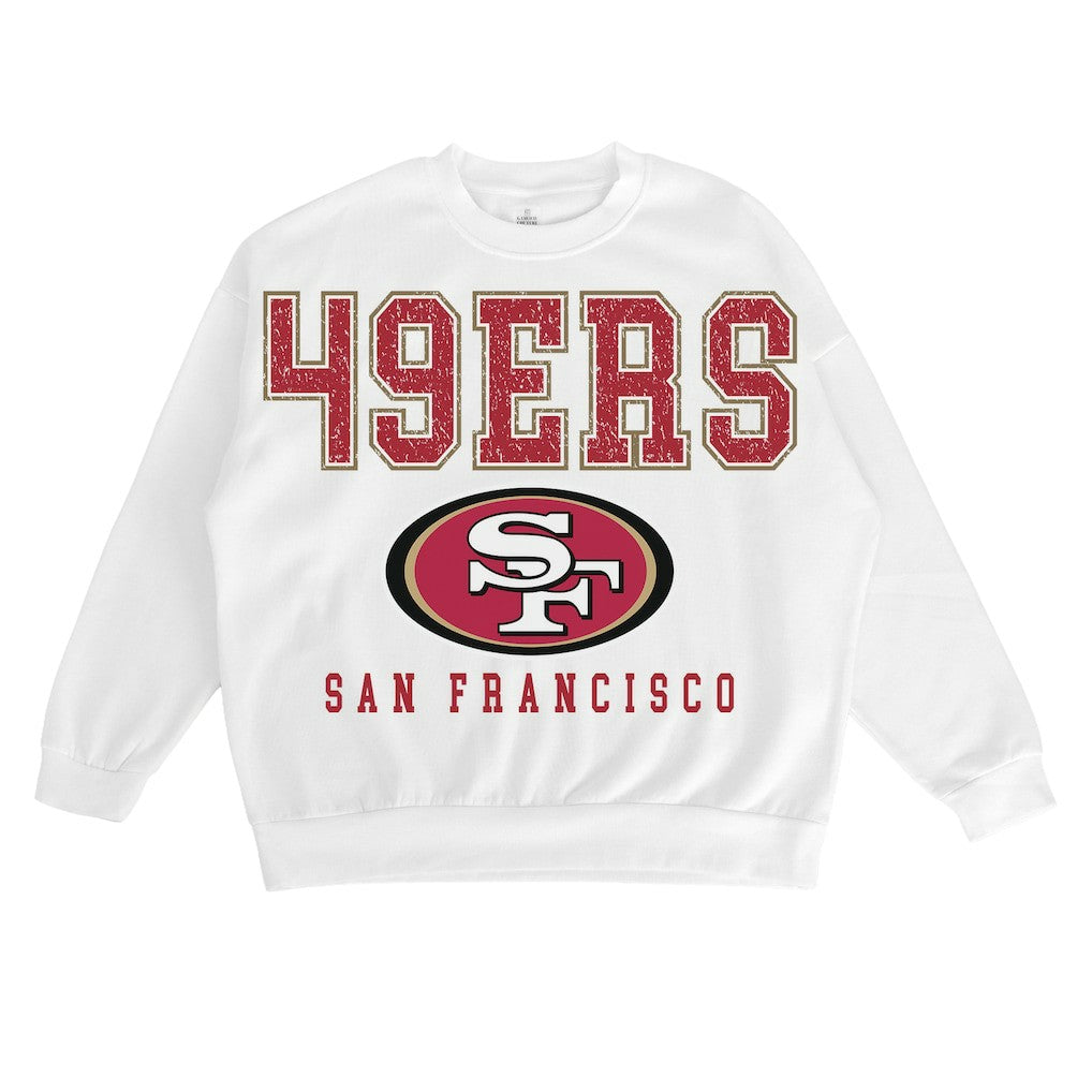 San Francisco 49ers Gameday Couture Women's Sunday Drives Oversized Crewneck Pullover Sweatshirt – White for sale
