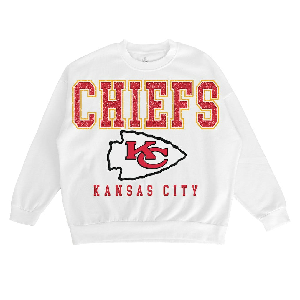 Kansas City Chiefs Gameday Couture Women's Sunday Drives Oversized Crewneck Pullover Sweatshirt – White online