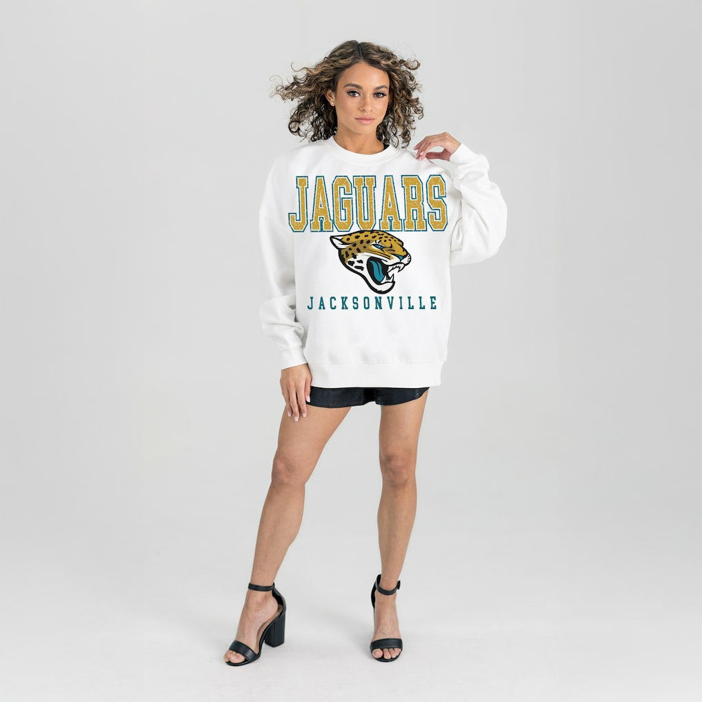 Jacksonville Jaguars Gameday Couture Women's Sunday Drives Oversized Crewneck Pullover Sweatshirt – White online