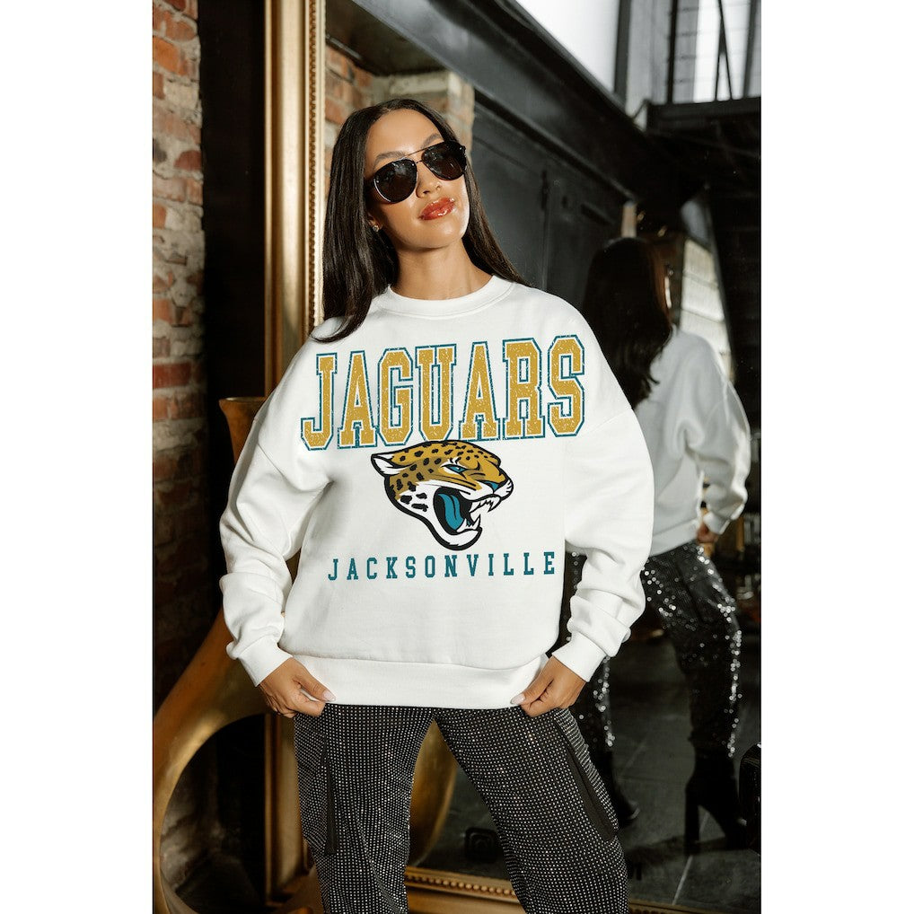 Jacksonville Jaguars Gameday Couture Women's Sunday Drives Oversized Crewneck Pullover Sweatshirt – White online