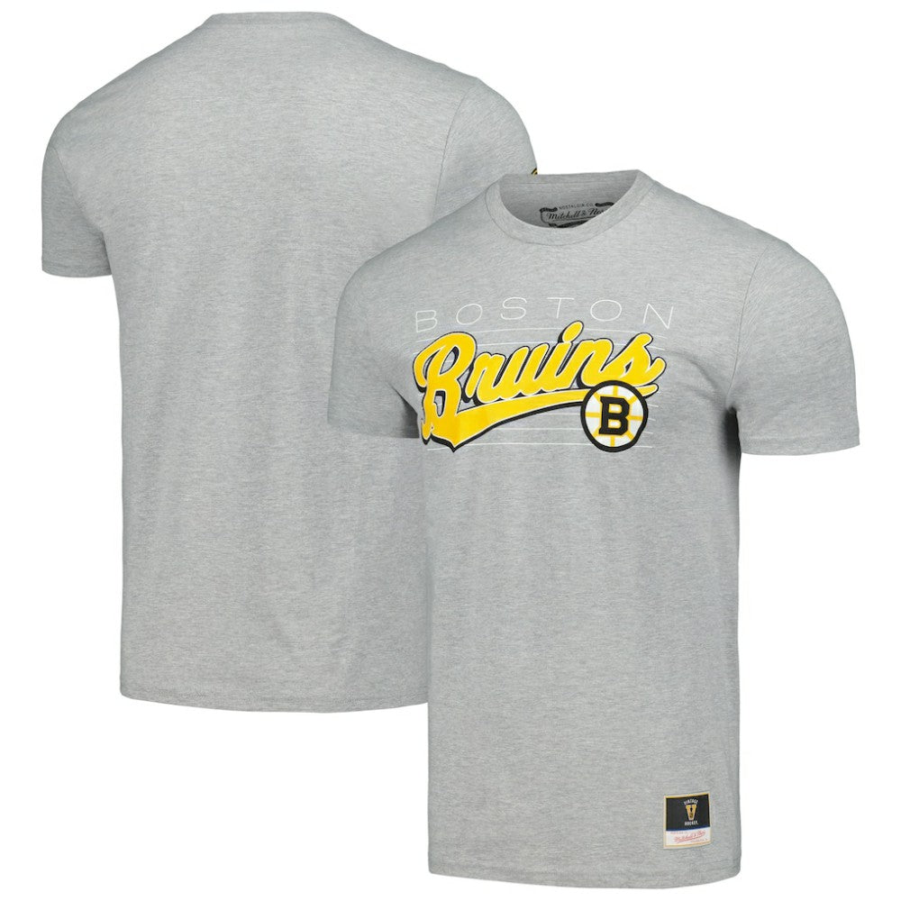Boston Bruins Mitchell & Ness 100th Anniversary Script Sweep T-Shirt - Heather Gray T-shirts