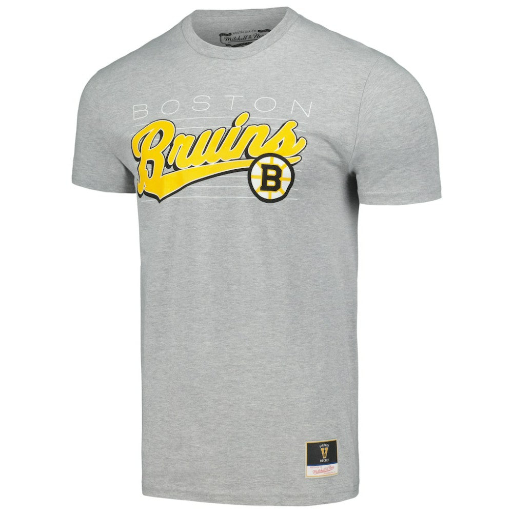Boston Bruins Mitchell & Ness 100th Anniversary Script Sweep T-Shirt - Heather Gray T-shirts