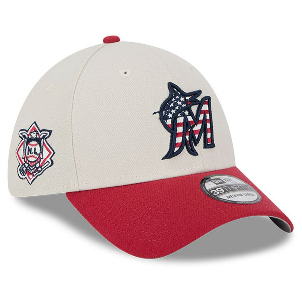Miami Marlins 2024 Fourth of July 39THIRTY Flex Hat Khaki/Red