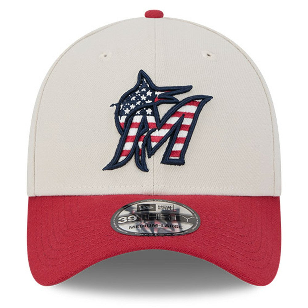 Miami Marlins 2024 Fourth of July 39THIRTY Flex Hat Khaki/Red