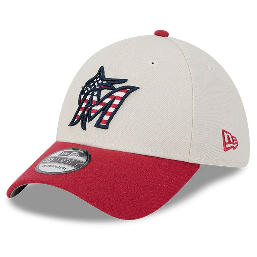 Miami Marlins 2024 Fourth of July 39THIRTY Flex Hat Khaki/Red