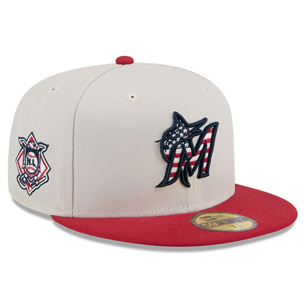 Miami Marlins 2024 Fourth of July 59FIFTY Fitted Hat Khaki/Red