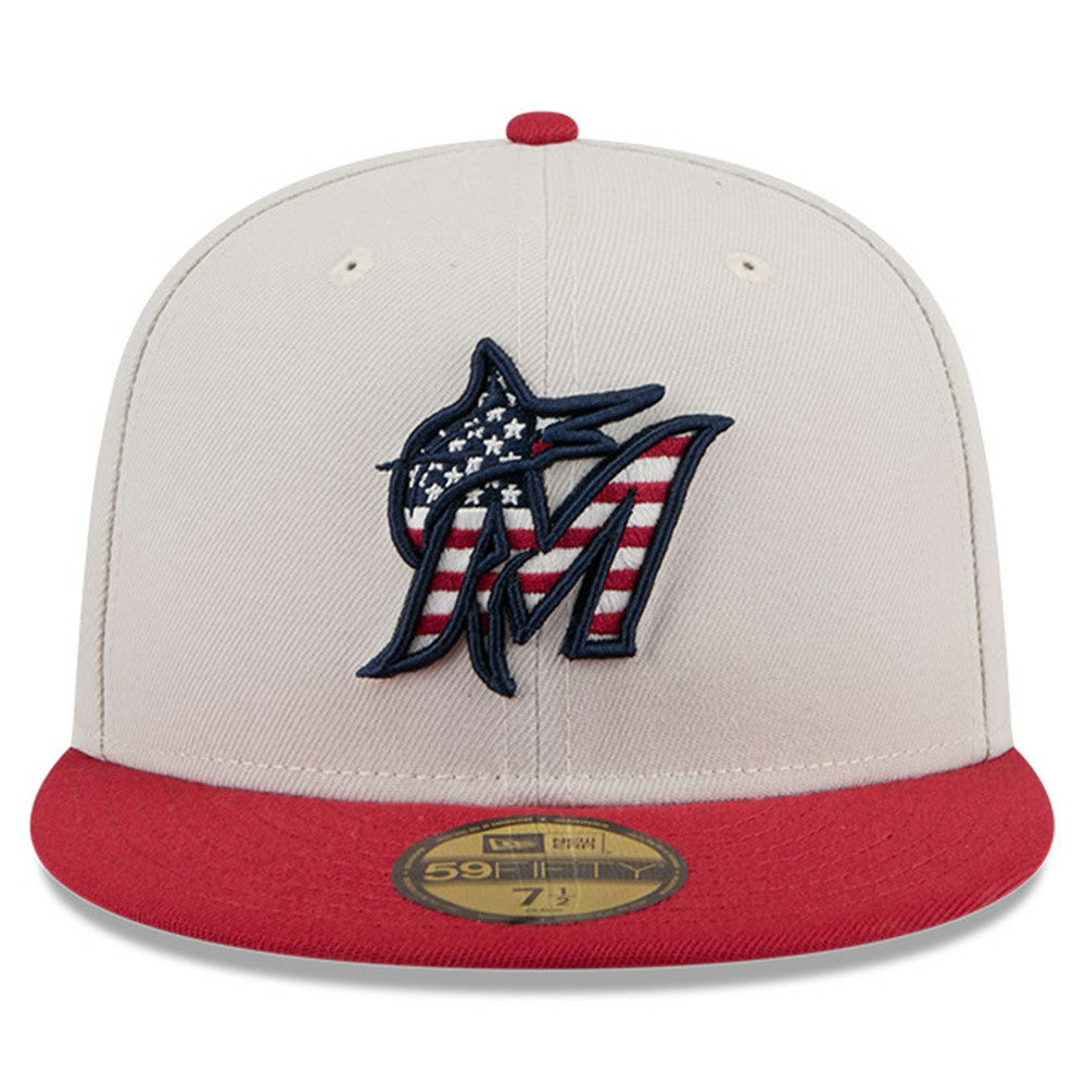 Miami Marlins 2024 Fourth of July 59FIFTY Fitted Hat Khaki/Red