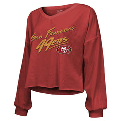 Brock Purdy San Francisco 49ers Majestic Threads Women's Name & Number Off-Shoulder Script Cropped Long Sleeve Relaxed V-Neck T-Shirt - Scarlet outlet
