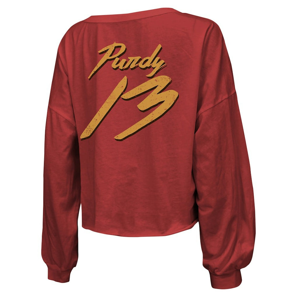 Brock Purdy San Francisco 49ers Majestic Threads Women's Name & Number Off-Shoulder Script Cropped Long Sleeve Relaxed V-Neck T-Shirt - Scarlet outlet