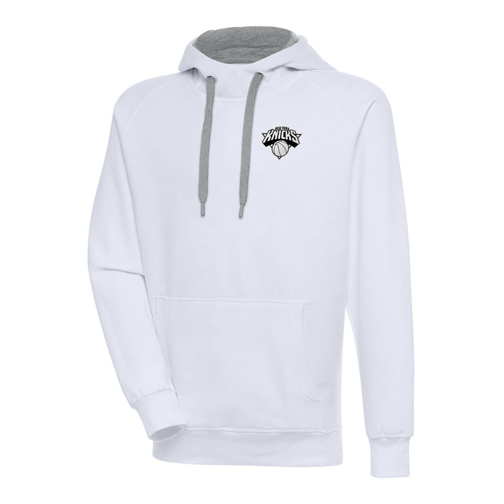 New York Knicks Antigua Metallic Logo Victory Raglan Pullover Hoodie - White for sale
