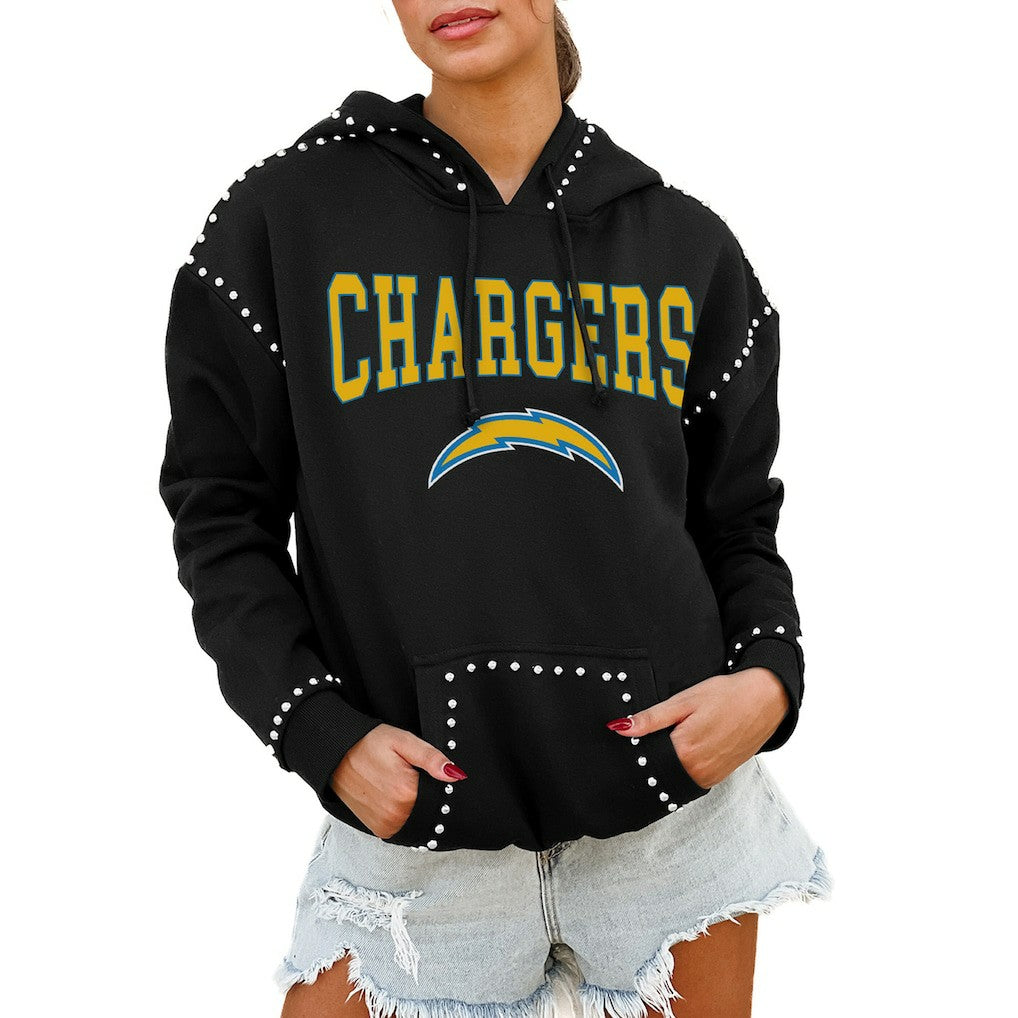 Los Angeles Chargers Gameday Couture Women's Oversized Catch the Vibe Studded Pullover Hoodie - Black for sale