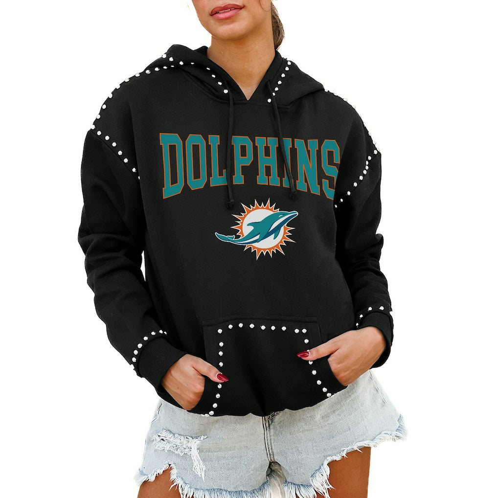 Miami Dolphins Gameday Couture Women's Oversized Catch the Vibe Studded Pullover Hoodie - Black on sale