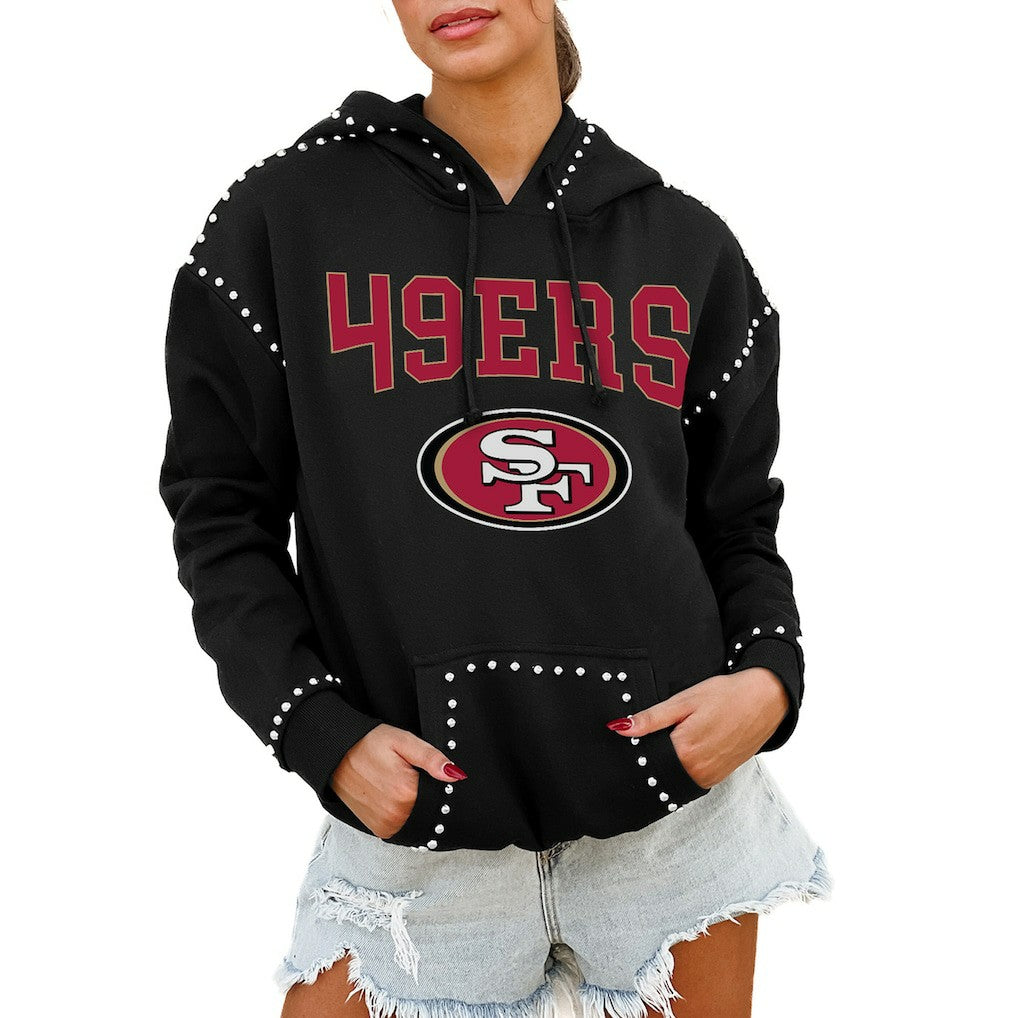 San Francisco 49ers Gameday Couture Women's Oversized Catch the Vibe Studded Pullover Hoodie - Black discount