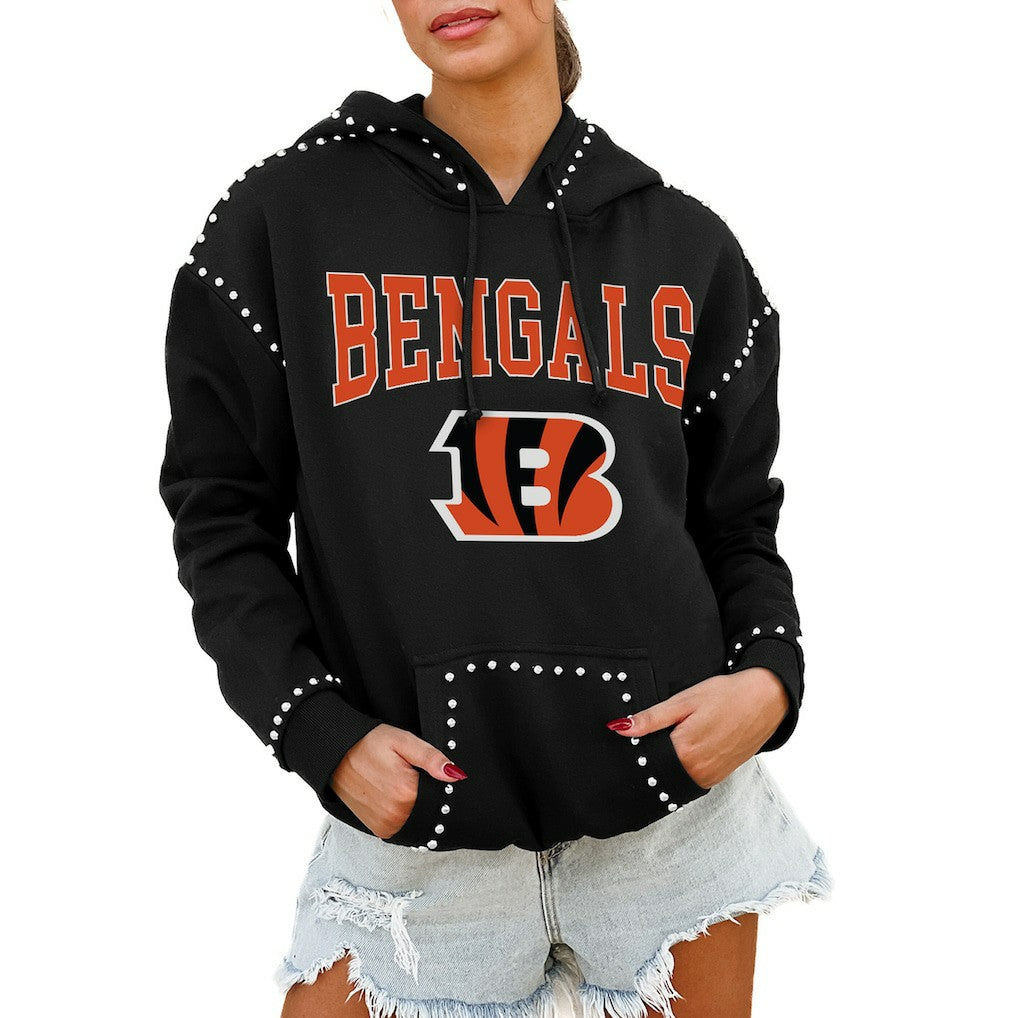 Cincinnati Bengals Gameday Couture Women's Oversized Catch the Vibe Studded Pullover Hoodie - Black for sale
