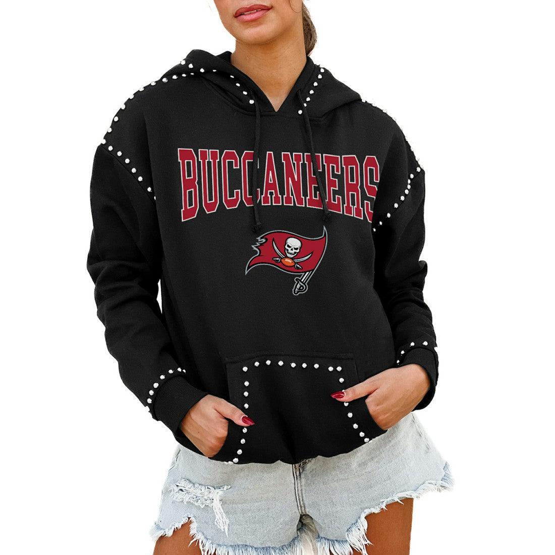 Tampa Bay Buccaneers Gameday Couture Women's Oversized Catch the Vibe Studded Pullover Hoodie - Black on sale