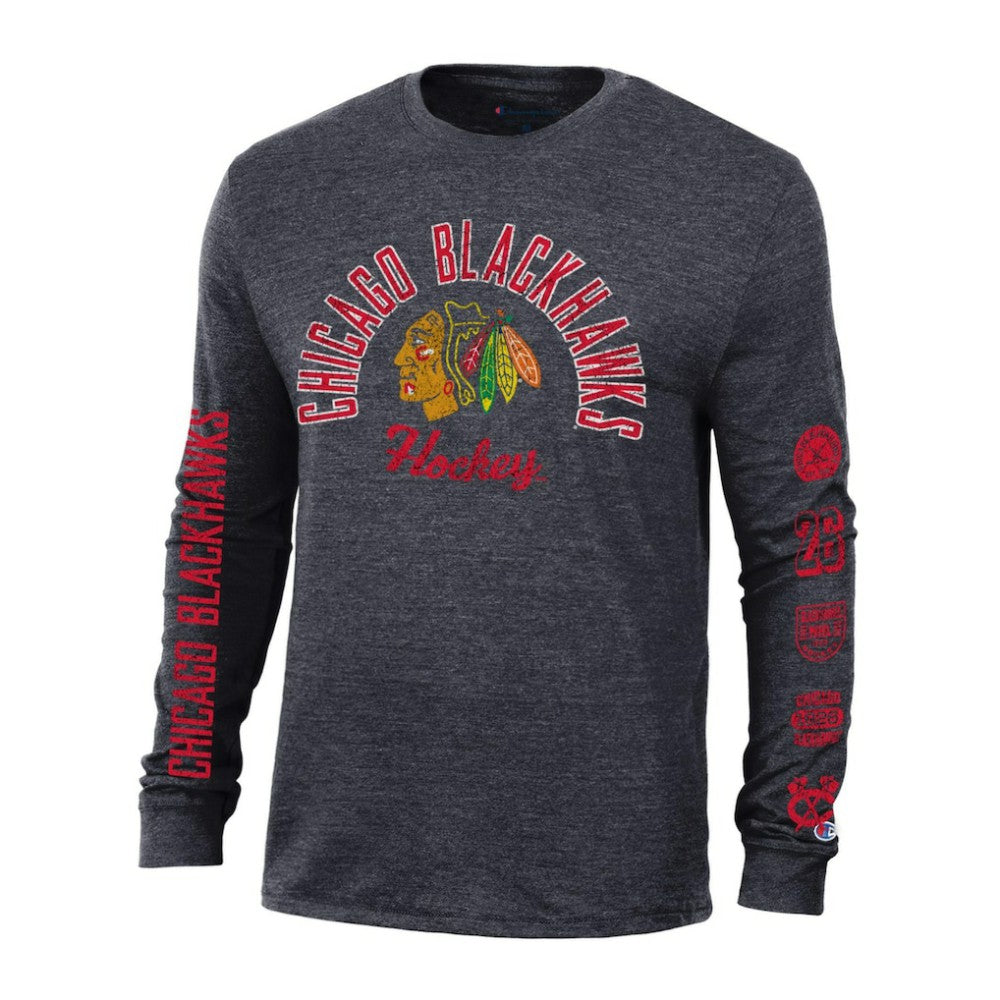 Chicago Blackhawks Champion Multi-Logo Tri-Blend Long Sleeve T-Shirt - Heather Black T-shirts