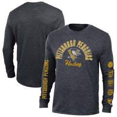 Pittsburgh Penguins Champion Multi-Logo Tri-Blend Long Sleeve T-Shirt - Heather Black T-shirts