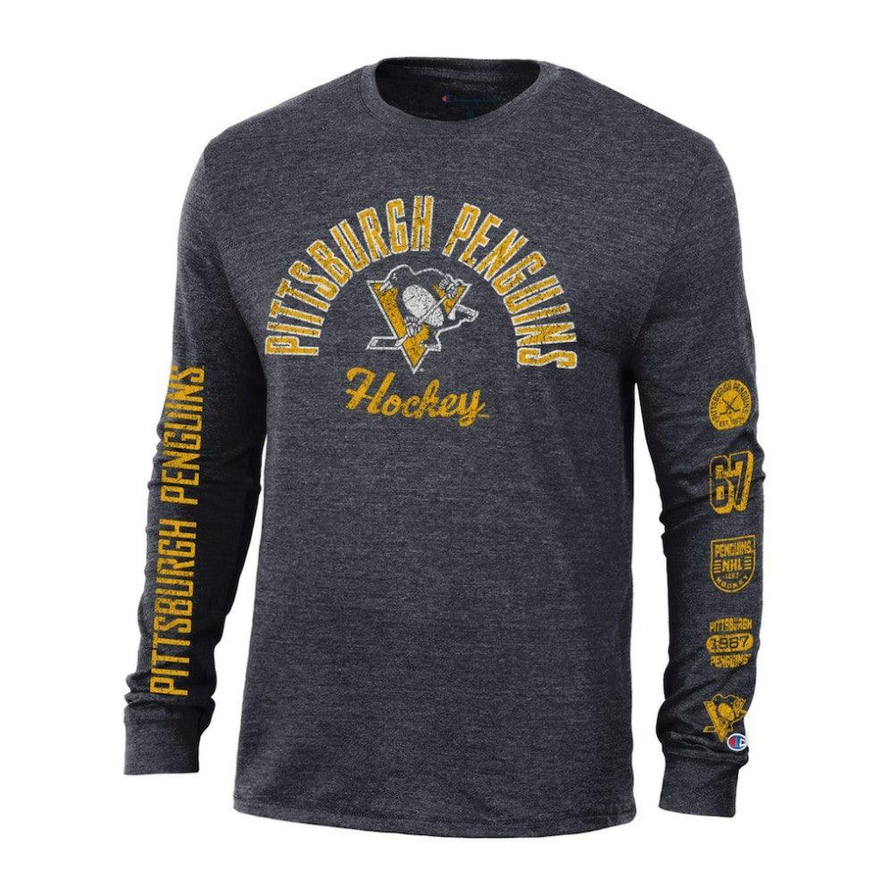 Pittsburgh Penguins Champion Multi-Logo Tri-Blend Long Sleeve T-Shirt - Heather Black T-shirts