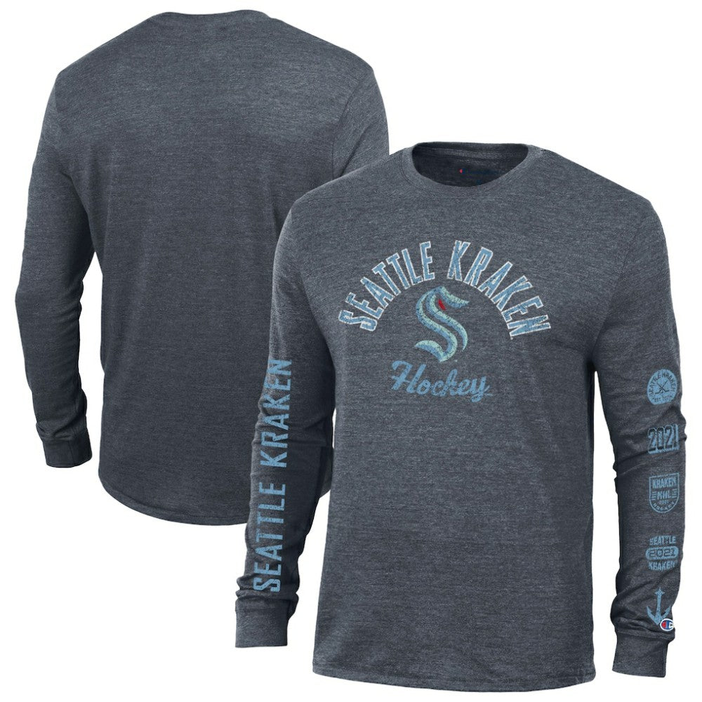 Seattle Kraken Champion Multi-Logo Tri-Blend Long Sleeve T-Shirt - Heather Navy T-shirts