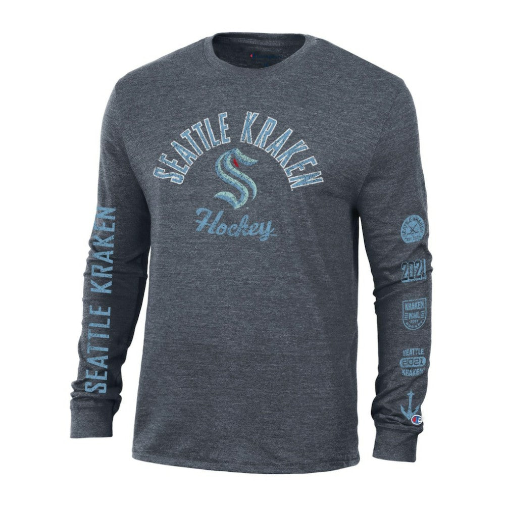 Seattle Kraken Champion Multi-Logo Tri-Blend Long Sleeve T-Shirt - Heather Navy T-shirts