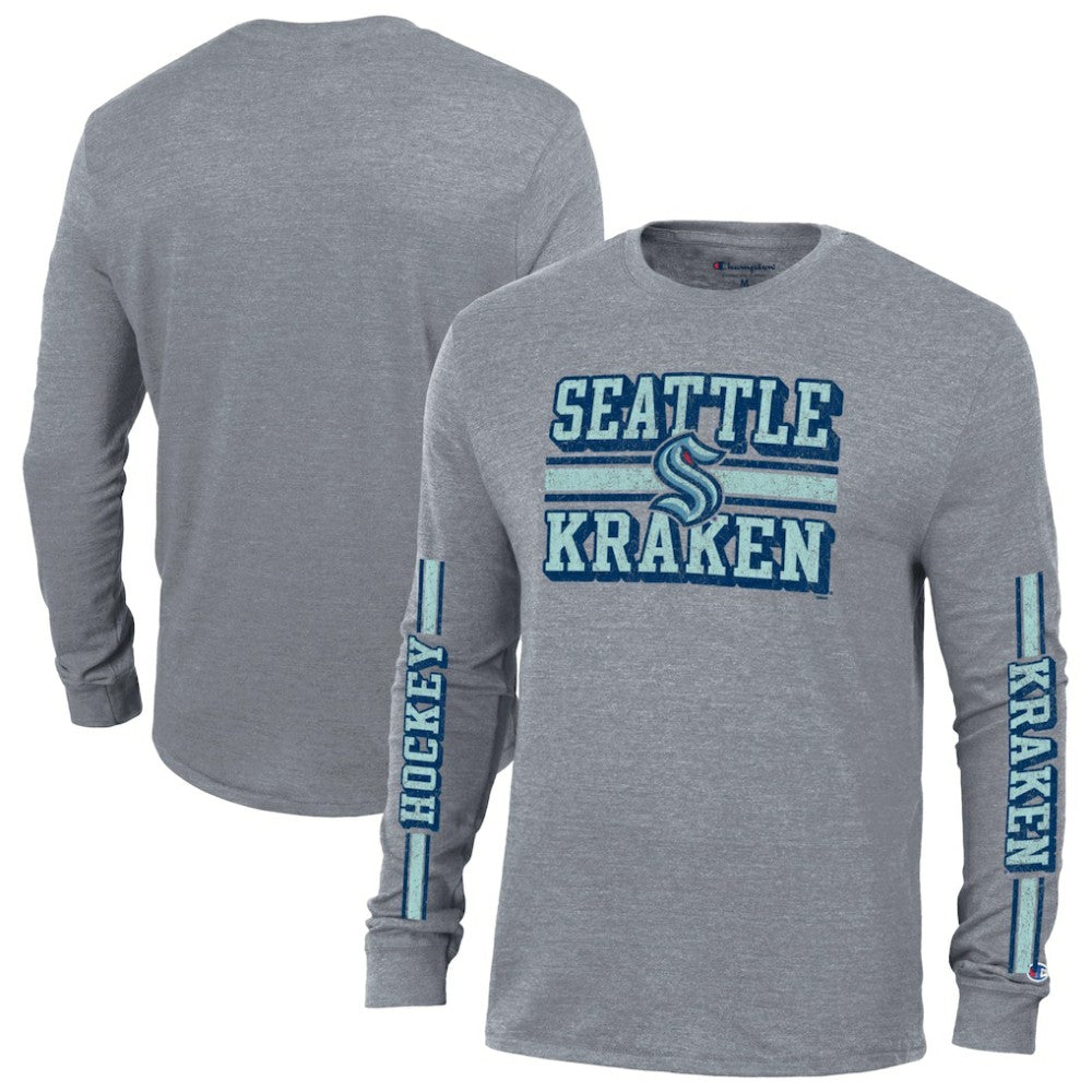 Seattle Kraken Champion Tri-Blend Dual-Stripe Long Sleeve T-Shirt - Heather Gray T-shirts