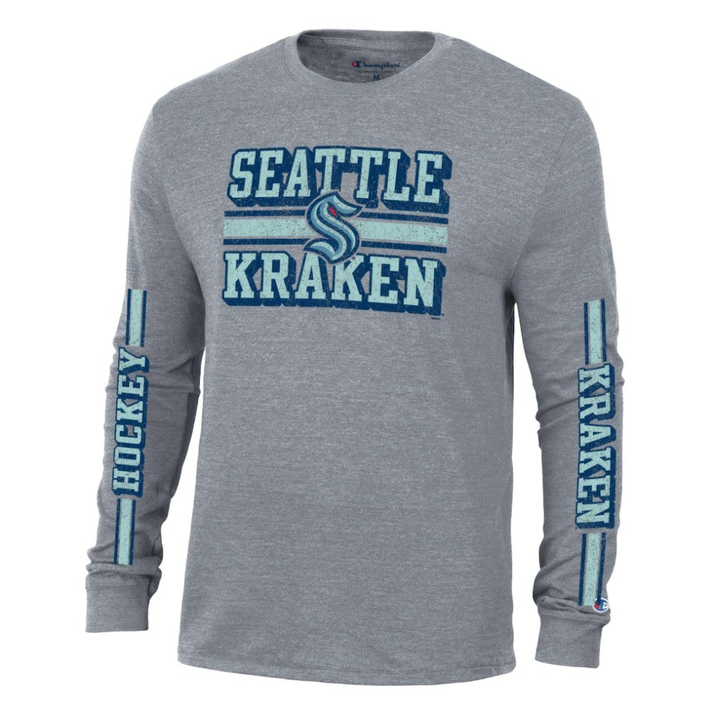 Seattle Kraken Champion Tri-Blend Dual-Stripe Long Sleeve T-Shirt - Heather Gray T-shirts