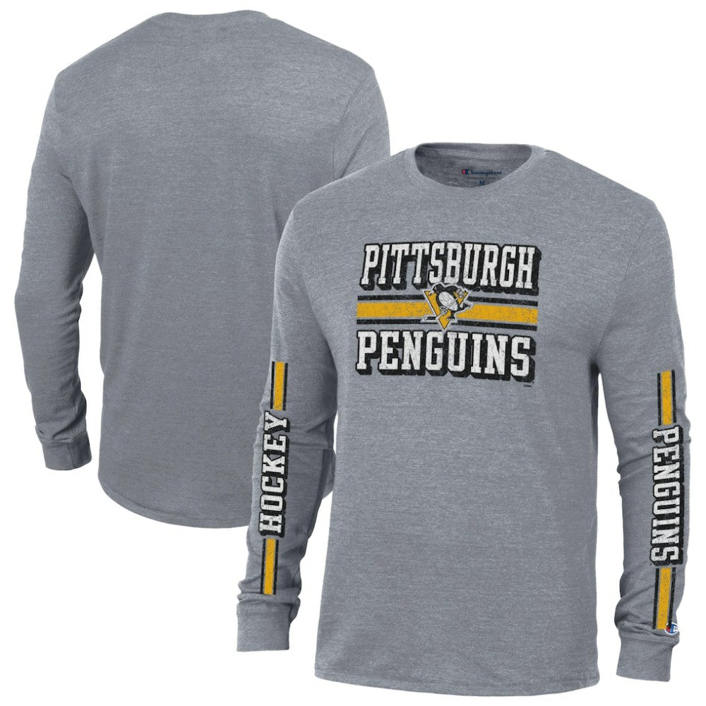 Pittsburgh Penguins Champion Tri-Blend Dual-Stripe Long Sleeve T-Shirt - Heather Gray T-shirts