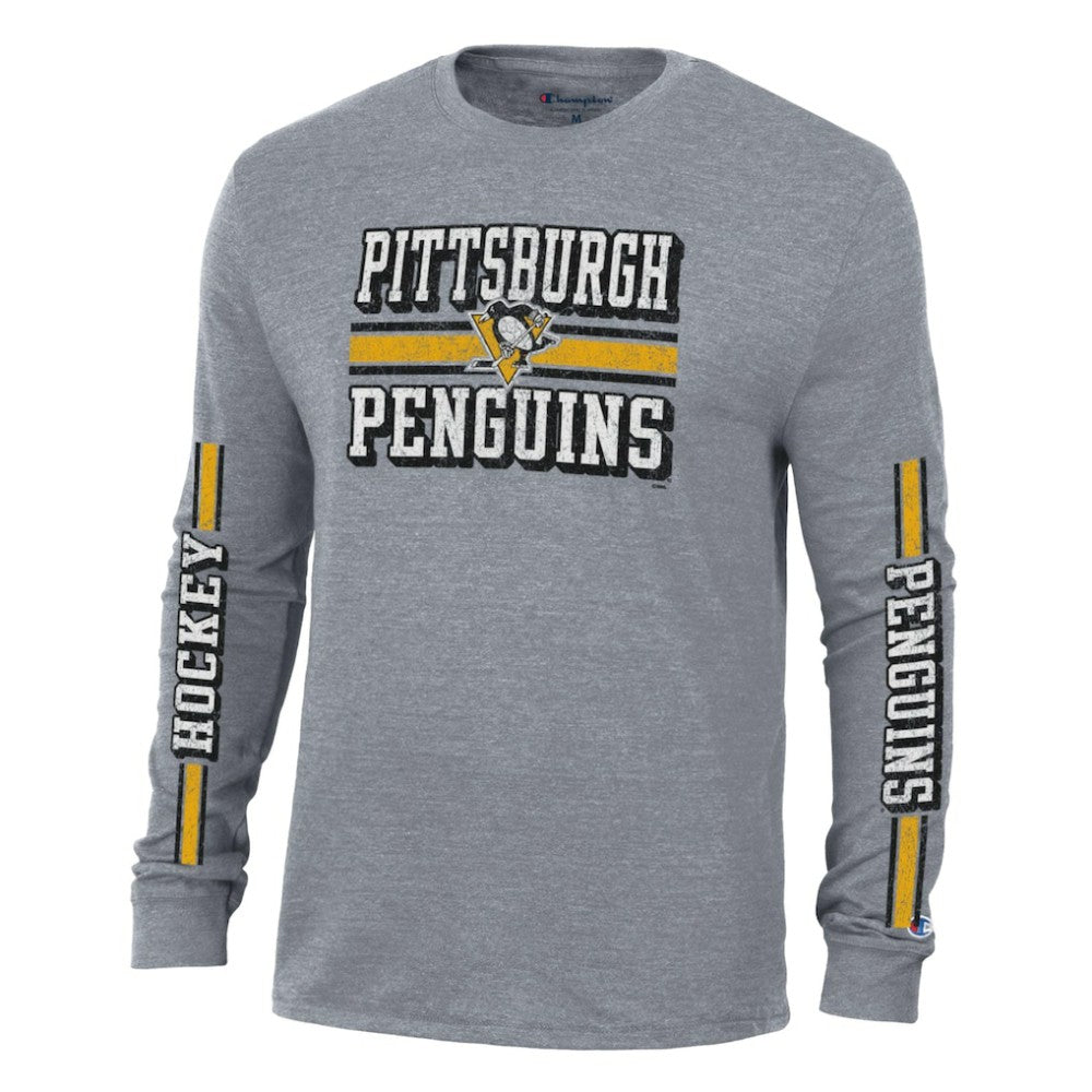 Pittsburgh Penguins Champion Tri-Blend Dual-Stripe Long Sleeve T-Shirt - Heather Gray T-shirts
