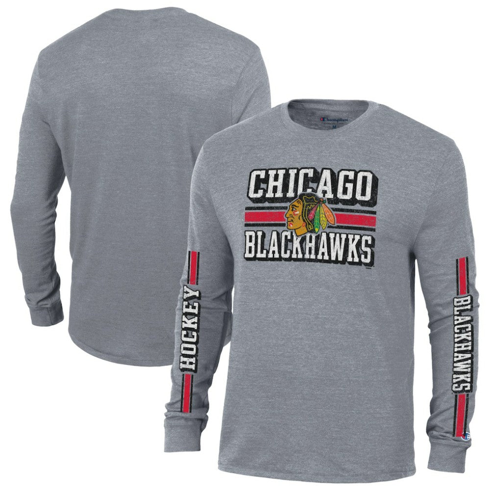 Chicago Blackhawks Champion Tri-Blend Dual-Stripe Long Sleeve T-Shirt - Heather Gray T-shirts