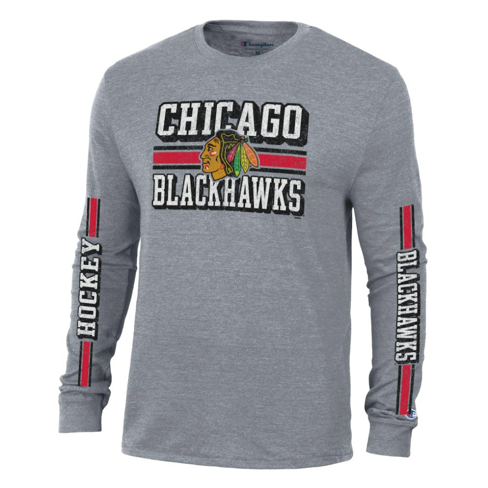 Chicago Blackhawks Champion Tri-Blend Dual-Stripe Long Sleeve T-Shirt - Heather Gray T-shirts