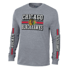 Chicago Blackhawks Champion Tri-Blend Dual-Stripe Long Sleeve T-Shirt - Heather Gray T-shirts