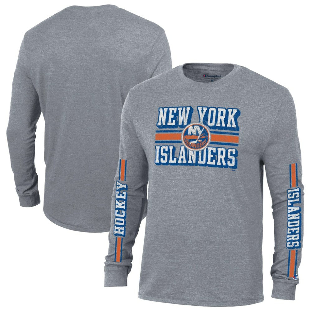 New York Islanders Champion Tri-Blend Dual-Stripe Long Sleeve T-Shirt - Heather Gray T-shirts