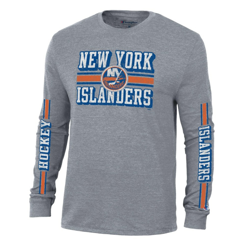 New York Islanders Champion Tri-Blend Dual-Stripe Long Sleeve T-Shirt - Heather Gray T-shirts