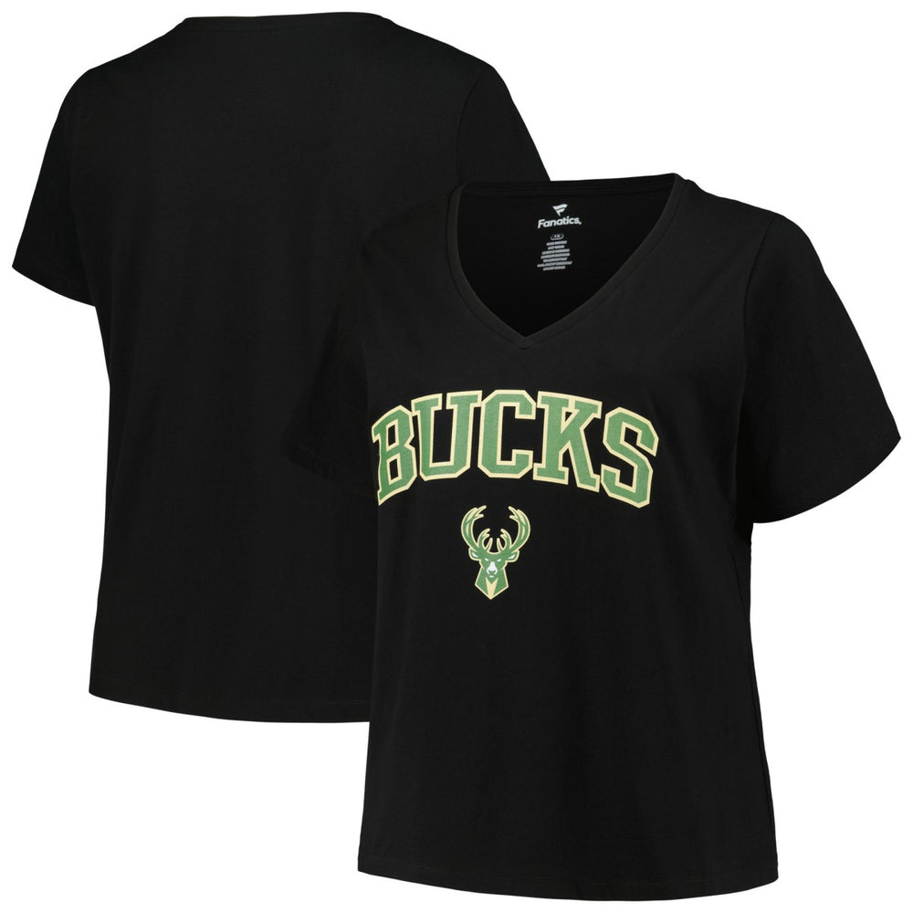 Milwaukee Bucks Profile Women's Plus Size Arch Over Logo V-Neck T-Shirt - Black sale