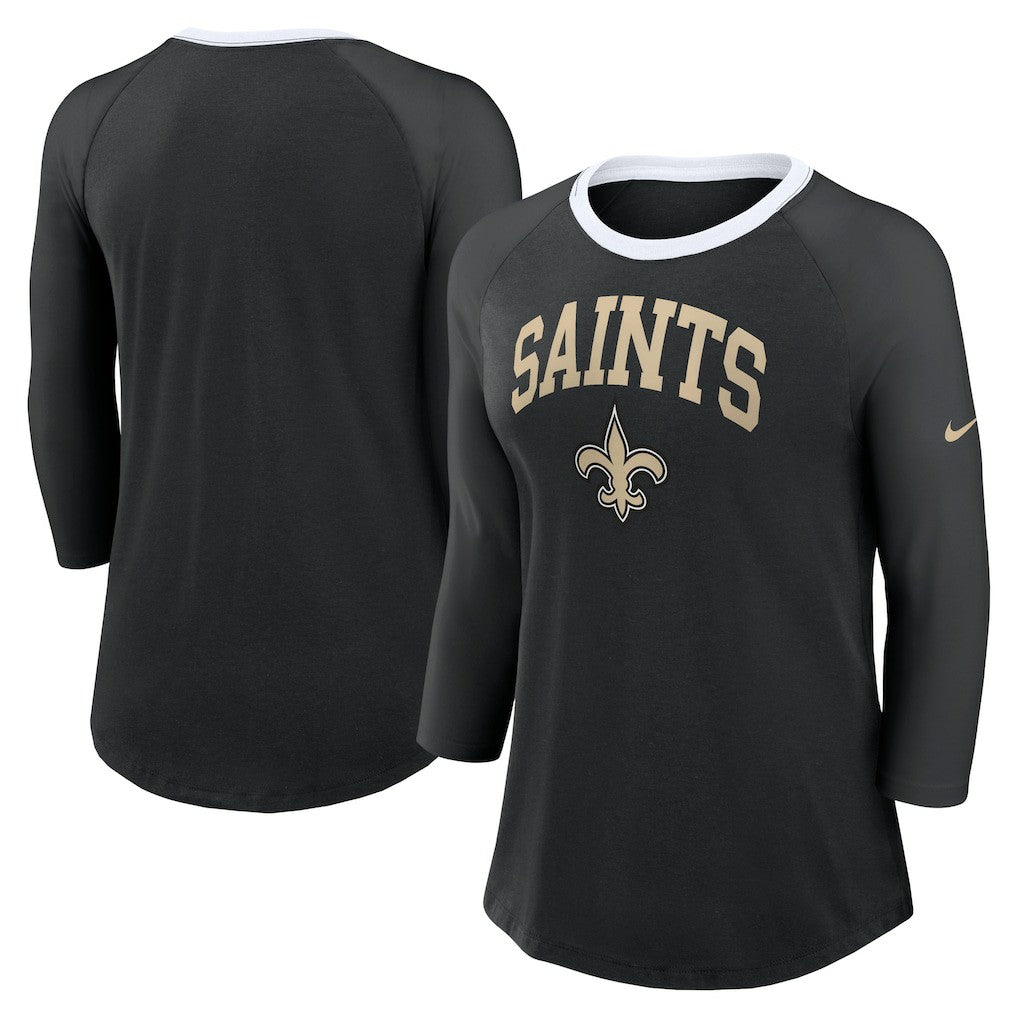 New Orleans Saints Women's 3/4 Sleeve Raglan Fashion Top - Black on sale