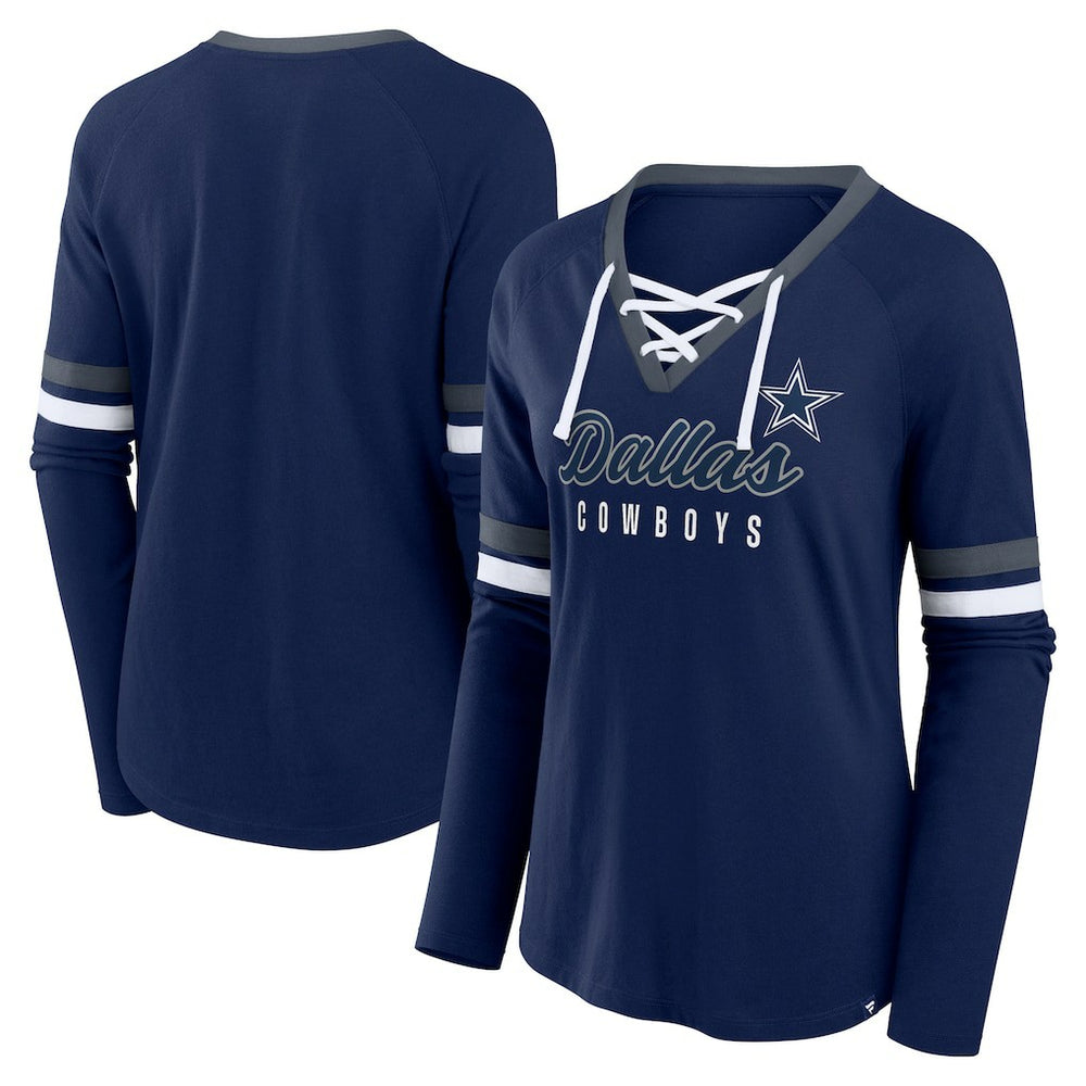 Dallas Cowboys Women's Won and Done Lace-Up Long Sleeve Fashion Top - Navy for sale