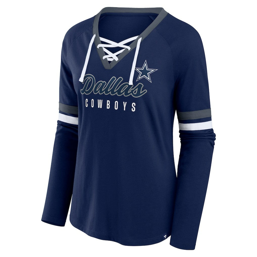 Dallas Cowboys Women's Won and Done Lace-Up Long Sleeve Fashion Top - Navy for sale