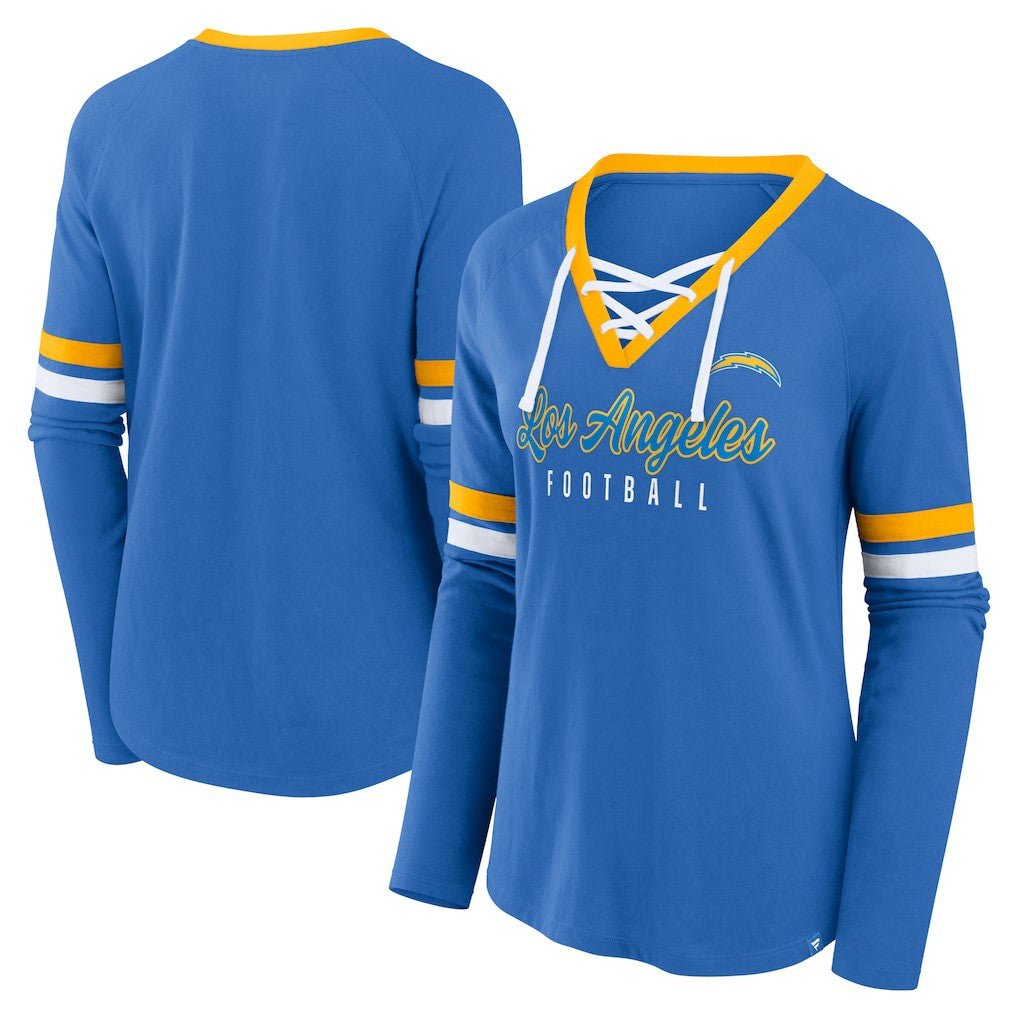 Los Angeles Chargers Women's Won and Done Lace-Up Long Sleeve Fashion Top - Powder Blue outlet