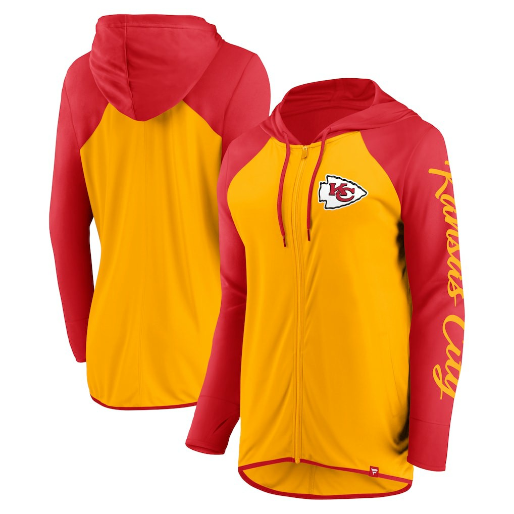 Kansas City Chiefs Women's Script Full-Zip Hoodie - Gold/Red for sale