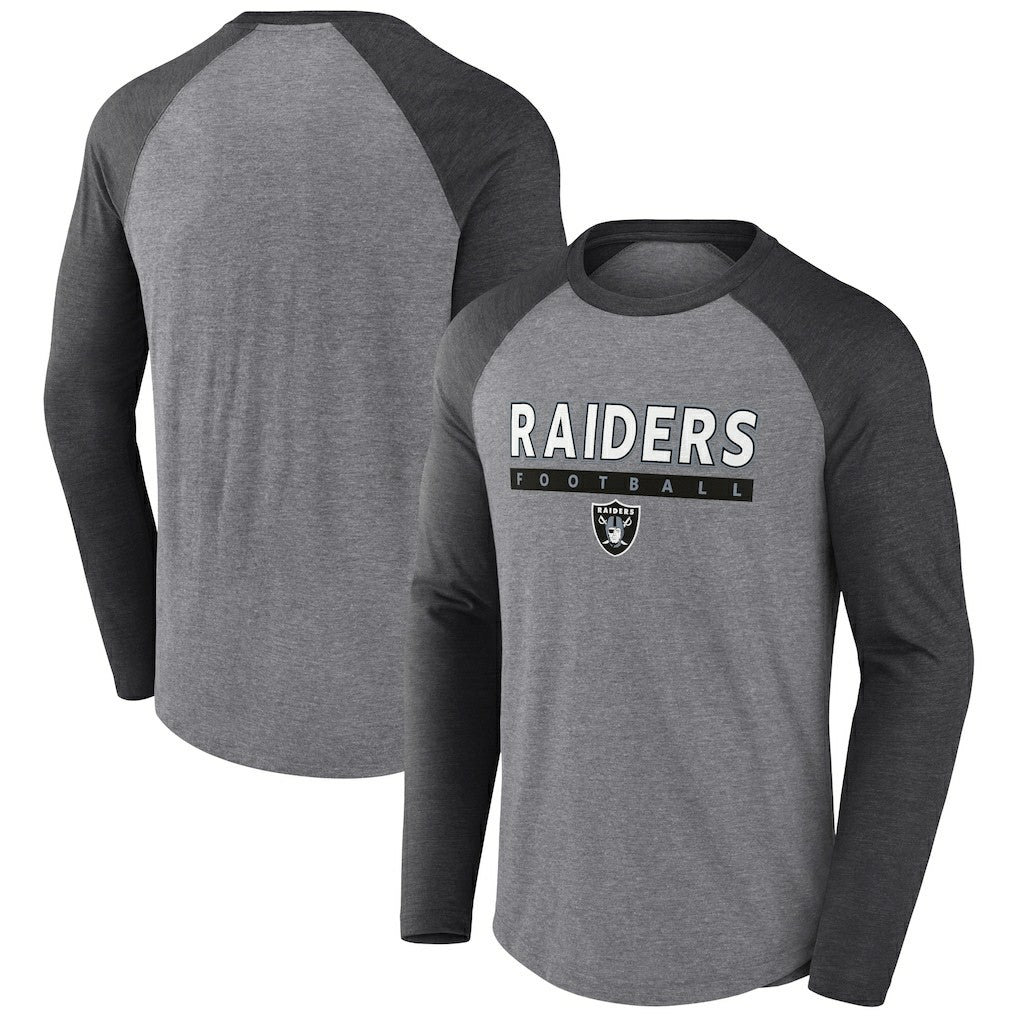 Las Vegas Raiders Tri-Blend Raglan Long Sleeve T-Shirt - Heather Gray/Charcoal for sale