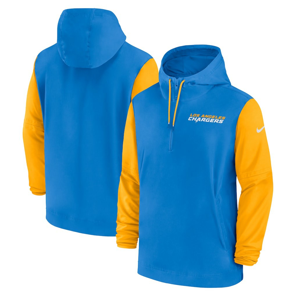 Los Angeles Chargers 2024/25 Sideline Pre-Game Player 1/2-Zip Hoodie Jacket - Powder Blue/Gold sale