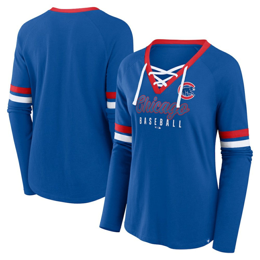 Chicago Cubs Women's Won & Done Raglan Lace-Up Long Sleeve T-Shirt Royal