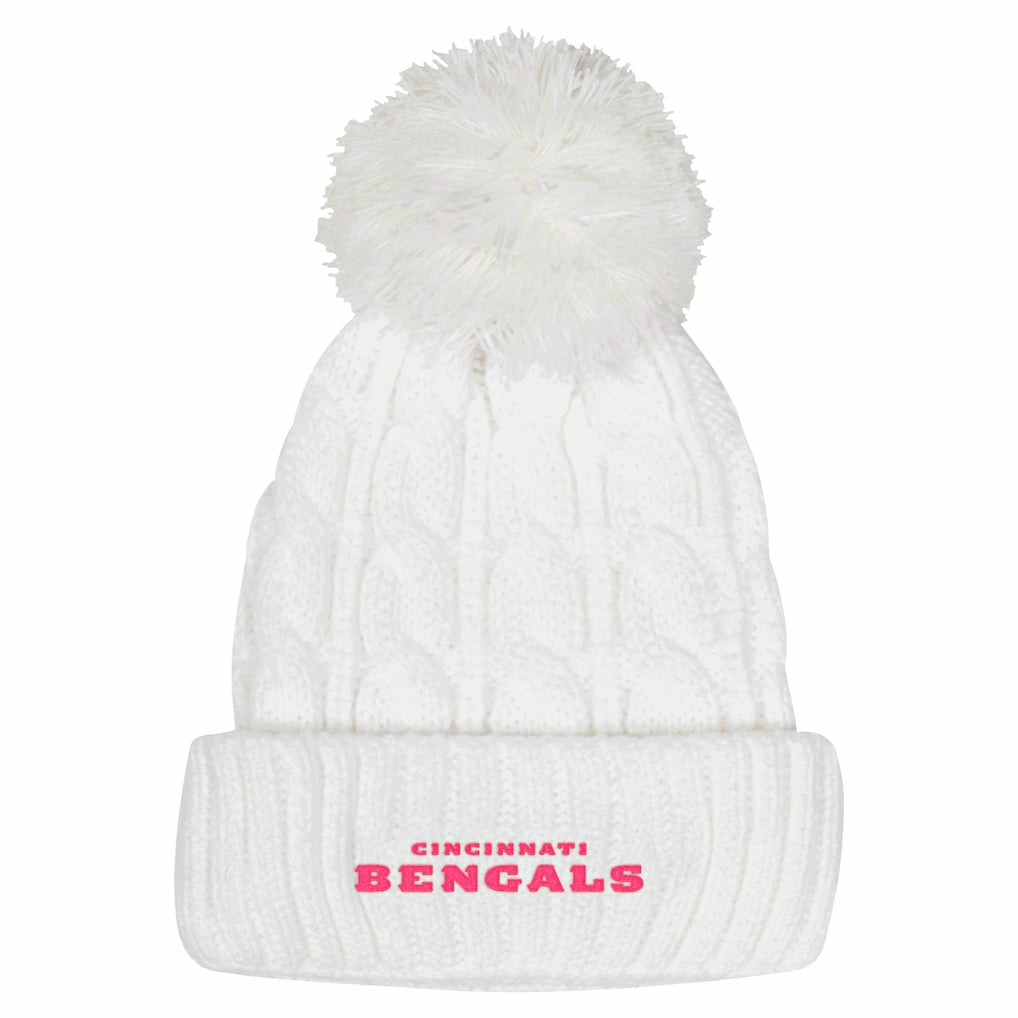 Cincinnati Bengals Girls Youth Cable Cuffed Knit Hat with Pom - White cheap