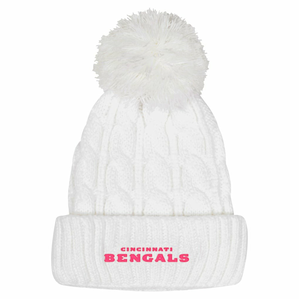 Cincinnati Bengals Girls Youth Cable Cuffed Knit Hat with Pom - White cheap