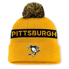 Pittsburgh Penguins Fanatics Women's Authentic Pro Rink Cuffed Knit Hat with Pom - Gold/Black Hats