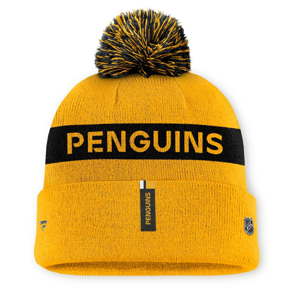 Pittsburgh Penguins Fanatics Women's Authentic Pro Rink Cuffed Knit Hat with Pom - Gold/Black Hats